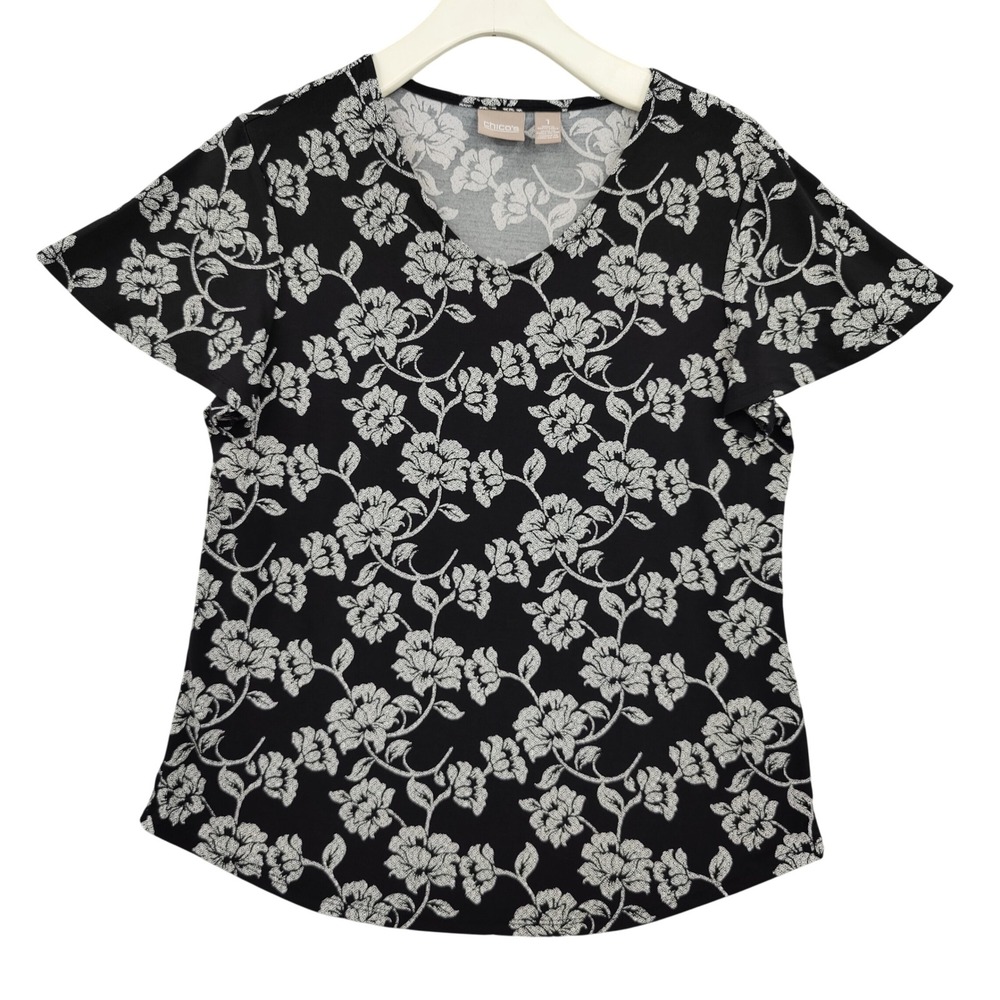 Chico's Womens Classic Cottagecore Top 1 M Black White Floral Flutter Sleeve